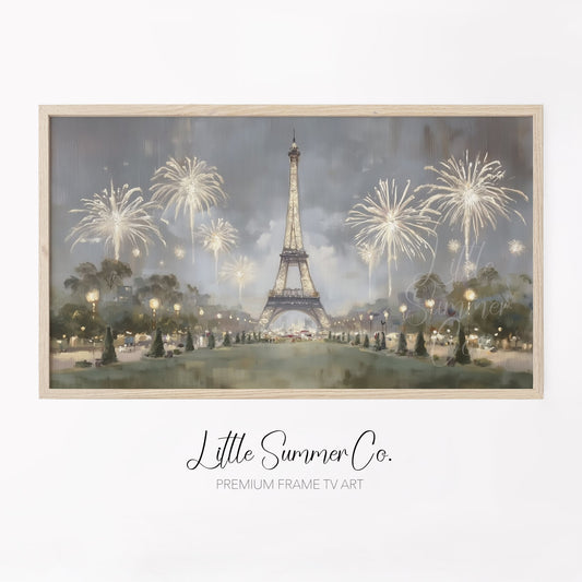 Paris Eiffel Tower Fireworks Night Frame TV Art displayed on a TV