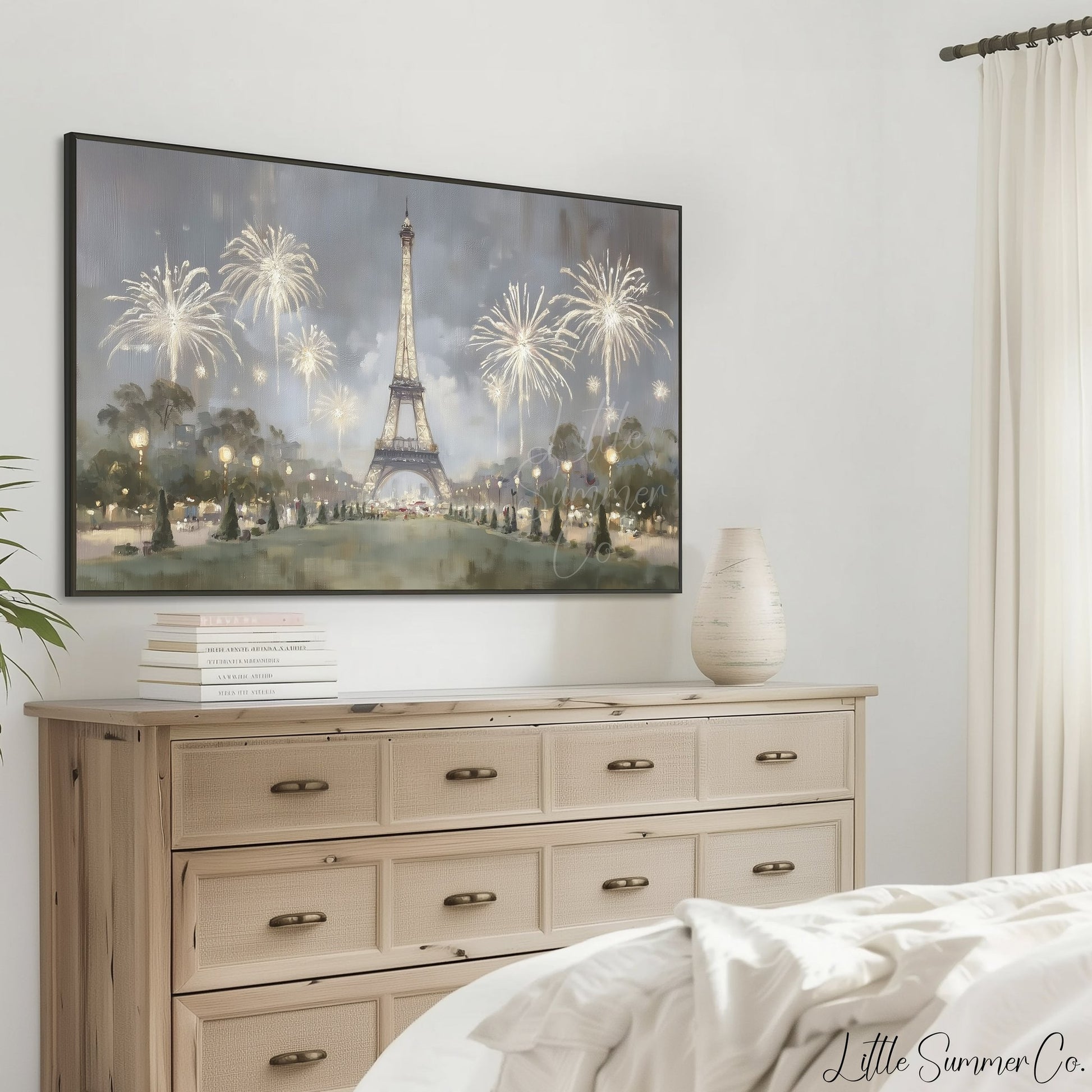 Paris Eiffel Tower Fireworks Night Frame TV Art displayed on a TV