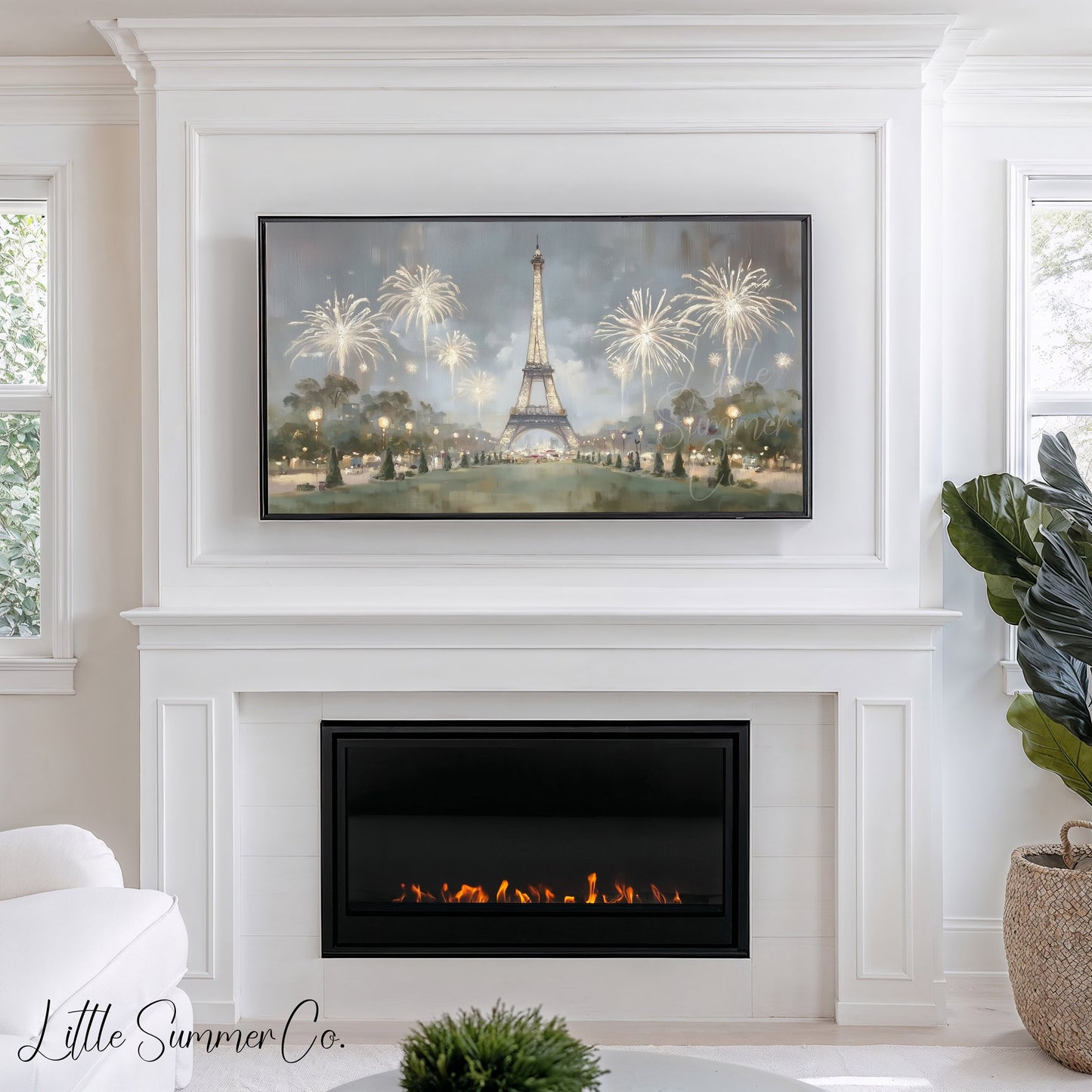 Paris Eiffel Tower Fireworks Night Frame TV Art displayed on a TV
