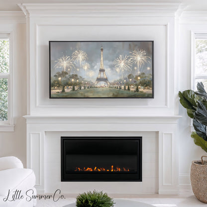 Paris Eiffel Tower Fireworks Night Frame TV Art displayed on a TV