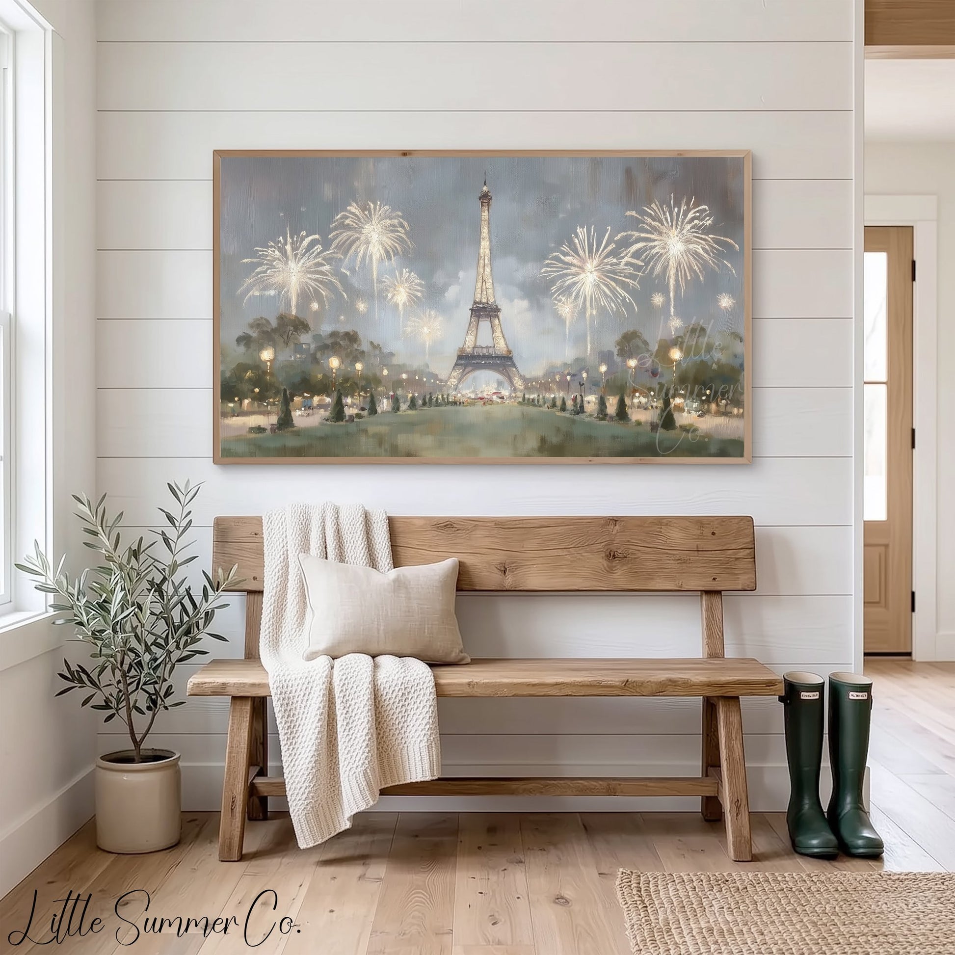 Paris Eiffel Tower Fireworks Night Frame TV Art displayed on a TV