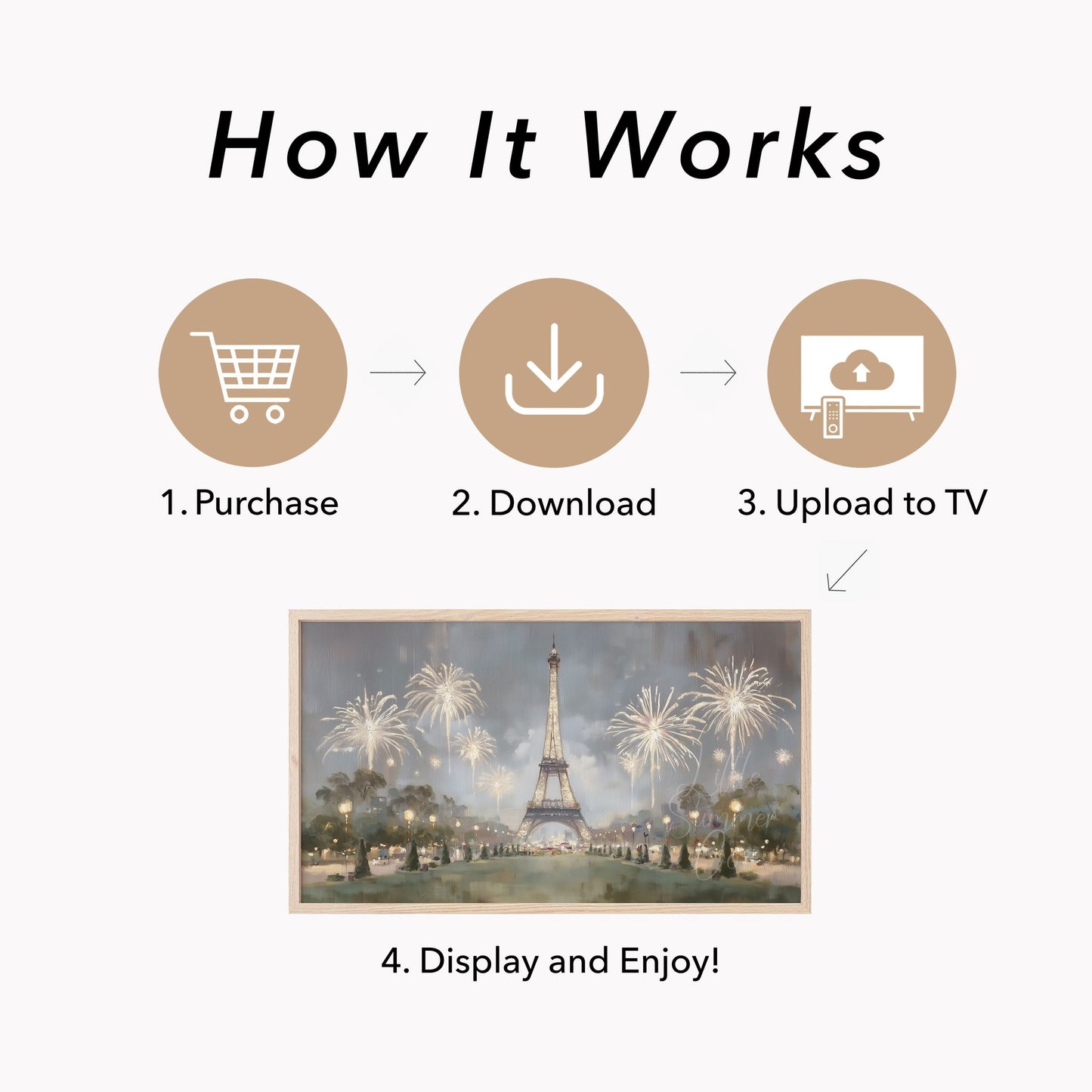 Paris Eiffel Tower Fireworks Night Frame TV Art displayed on a TV