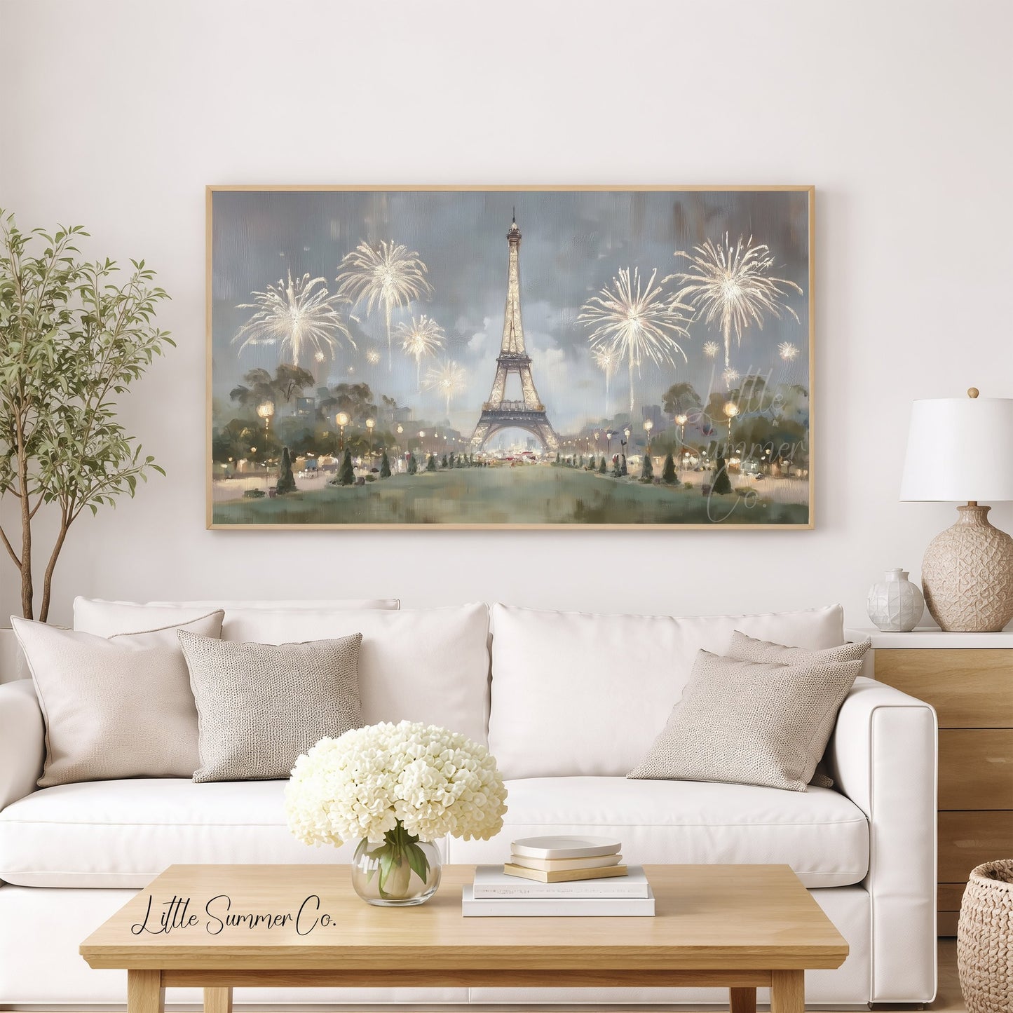 Paris Eiffel Tower Fireworks Night Frame TV Art displayed on a TV