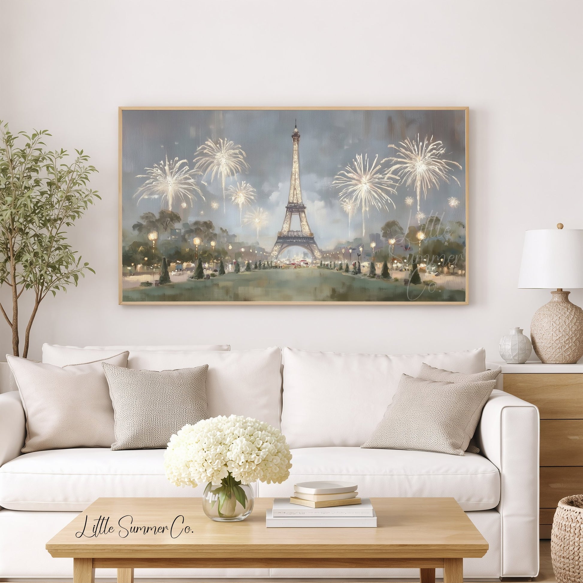Paris Eiffel Tower Fireworks Night Frame TV Art displayed on a TV