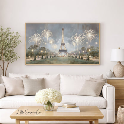 Paris Eiffel Tower Fireworks Night Frame TV Art displayed on a TV