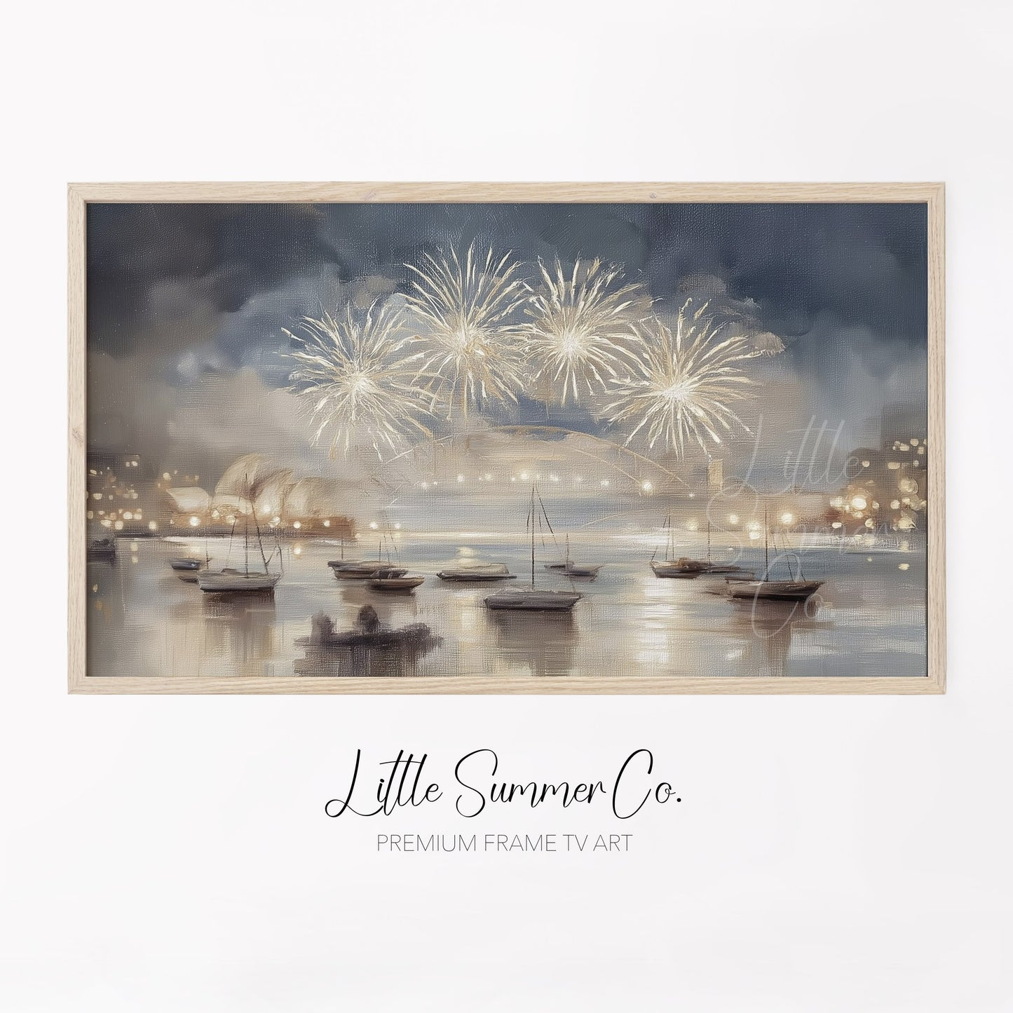 Harbour Fireworks Boats Frame TV Art displayed on a TV