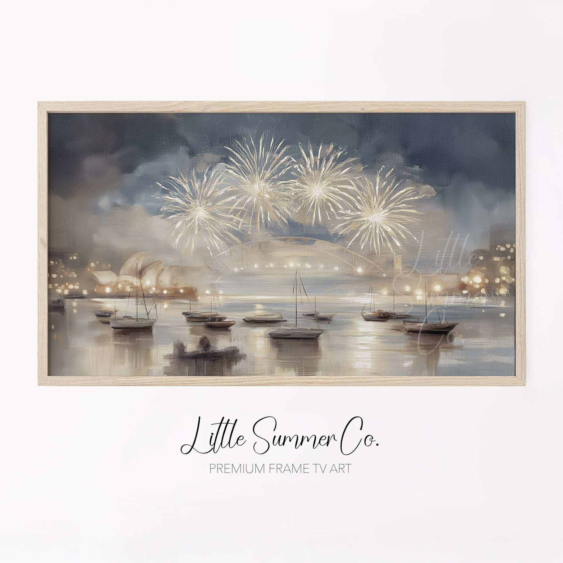 Harbour Fireworks Boats Frame TV Art displayed on a TV