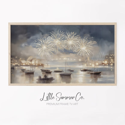 Harbour Fireworks Boats Frame TV Art displayed on a TV