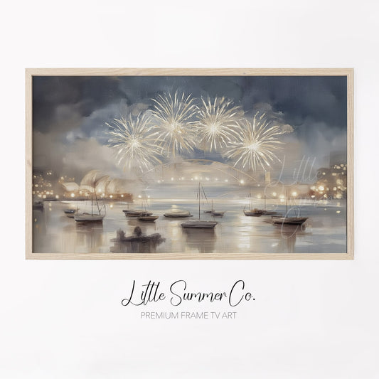 Harbour Fireworks Boats Frame TV Art displayed on a TV