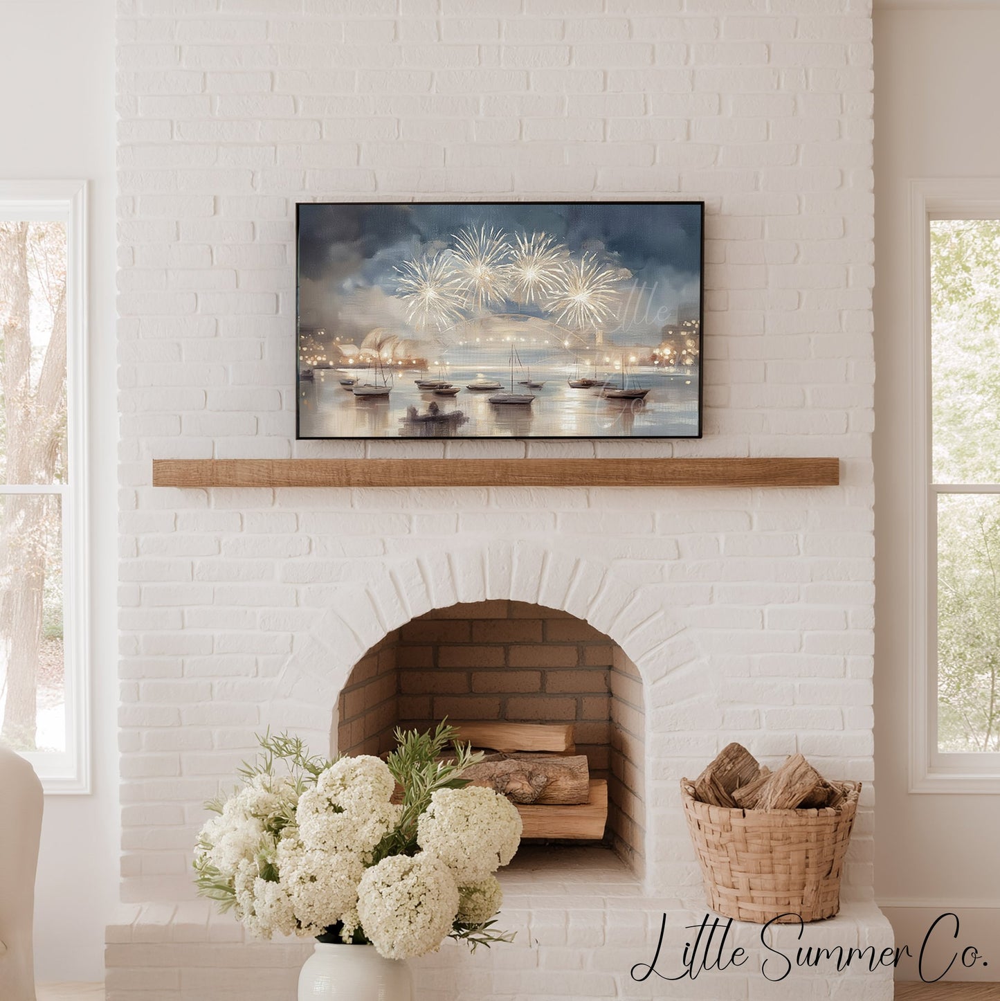 Harbour Fireworks Boats Frame TV Art displayed on a TV