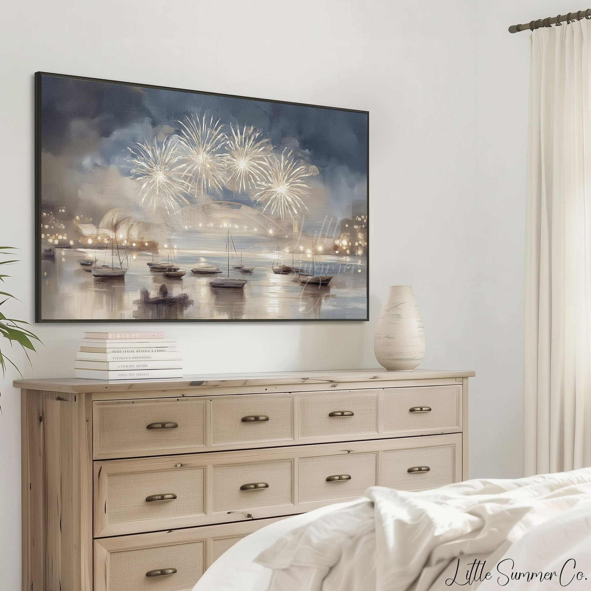 Harbour Fireworks Boats Frame TV Art displayed on a TV
