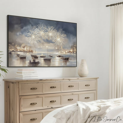 Harbour Fireworks Boats Frame TV Art displayed on a TV