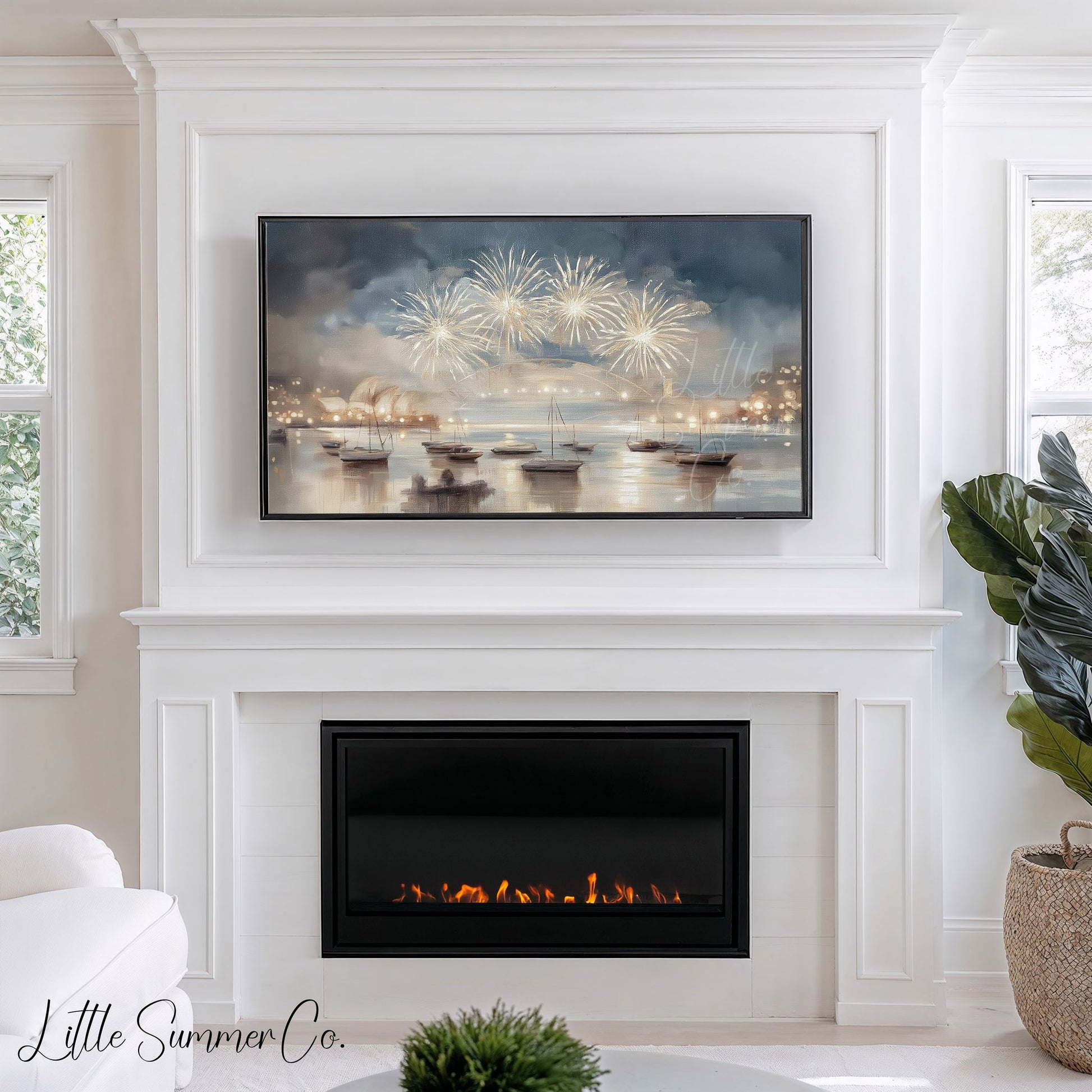 Harbour Fireworks Boats Frame TV Art displayed on a TV