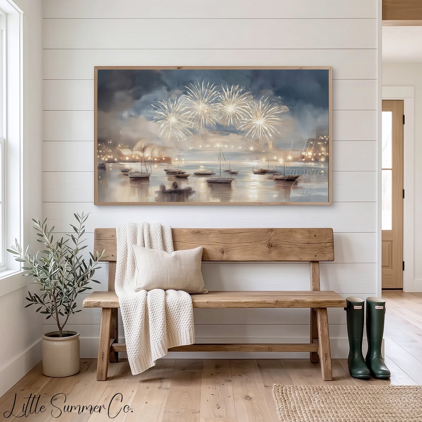 Harbour Fireworks Boats Frame TV Art displayed on a TV