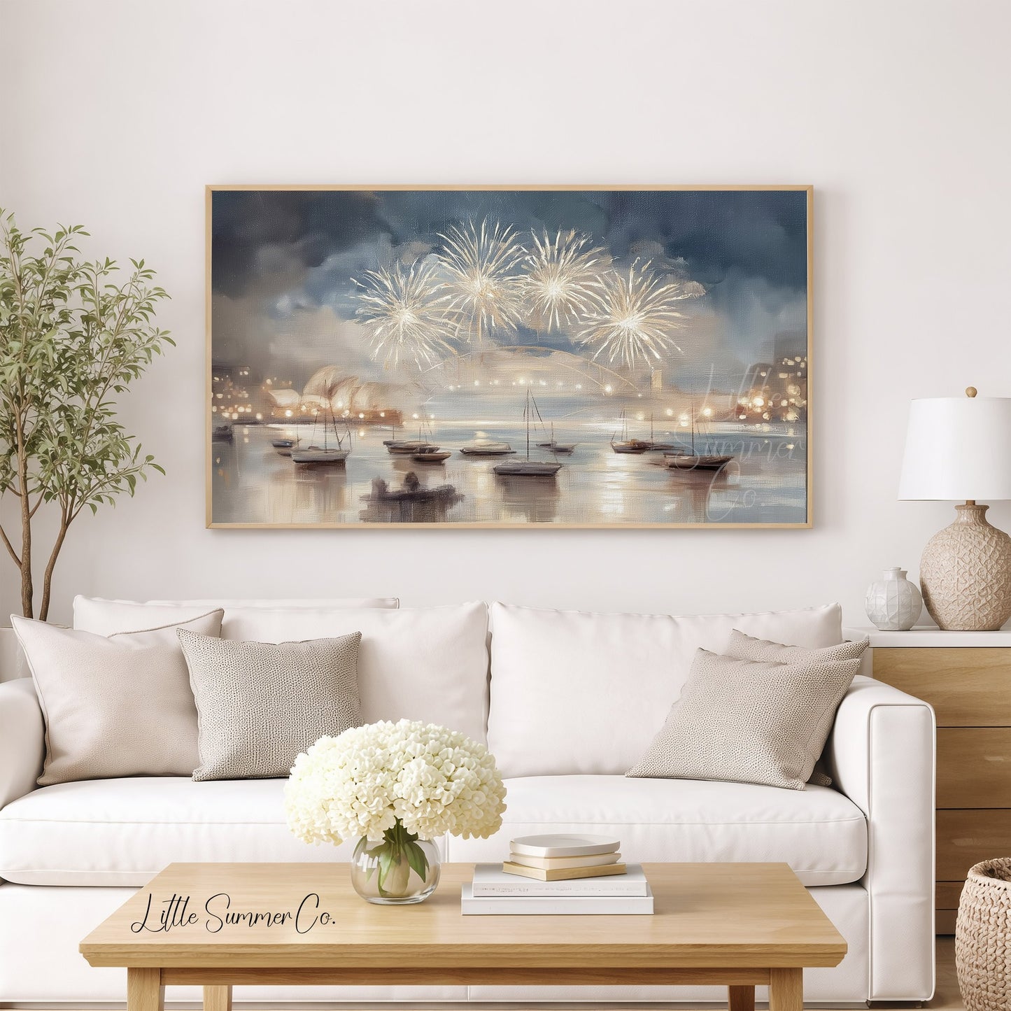 Harbour Fireworks Boats Frame TV Art displayed on a TV
