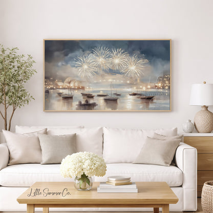 Harbour Fireworks Boats Frame TV Art displayed on a TV