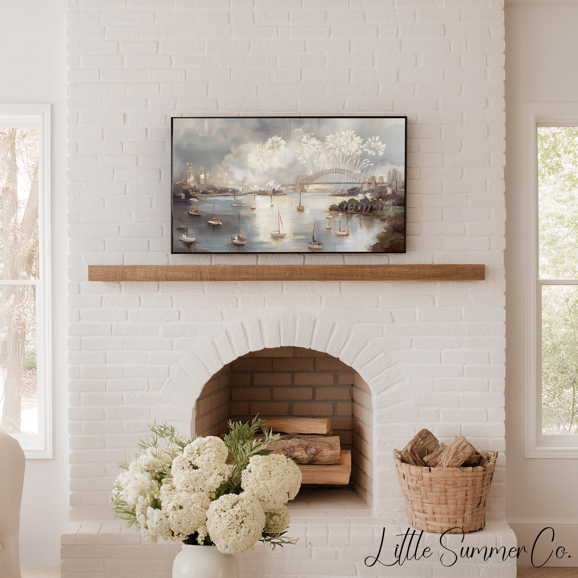 Sydney Harbour Fireworks Celebration Frame TV Art displayed on a TV