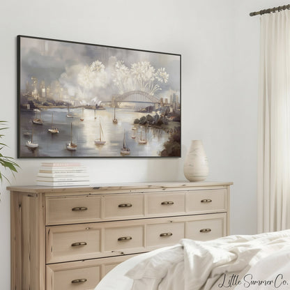 Sydney Harbour Fireworks Celebration Frame TV Art displayed on a TV