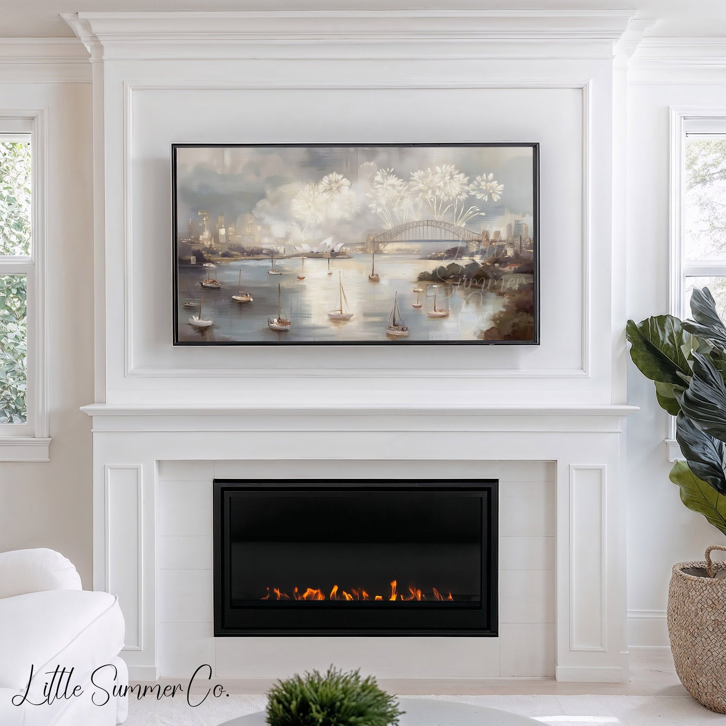 Sydney Harbour Fireworks Celebration Frame TV Art displayed on a TV