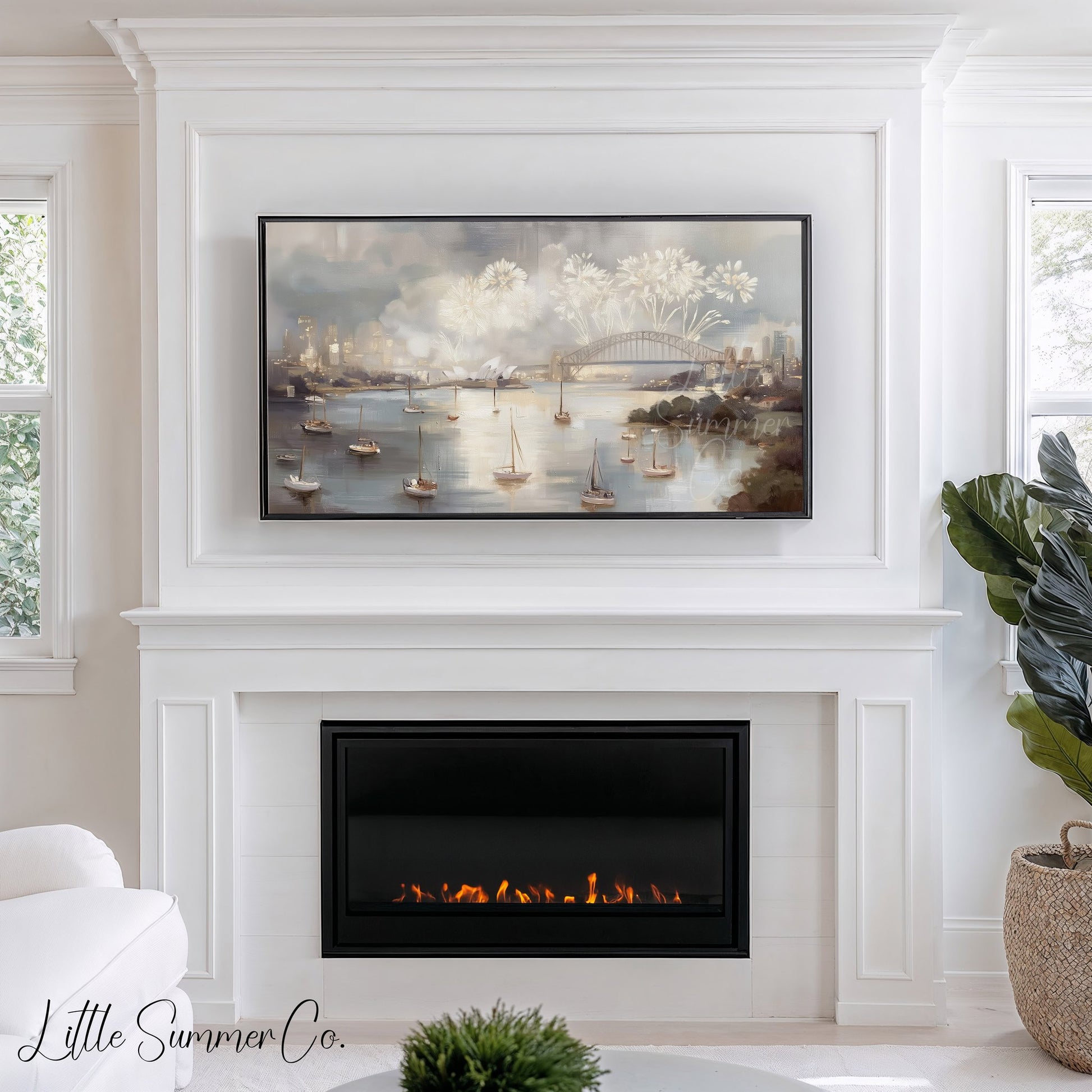 Sydney Harbour Fireworks Celebration Frame TV Art displayed on a TV
