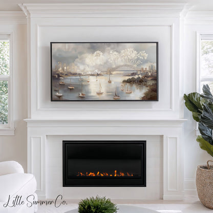 Sydney Harbour Fireworks Celebration Frame TV Art displayed on a TV