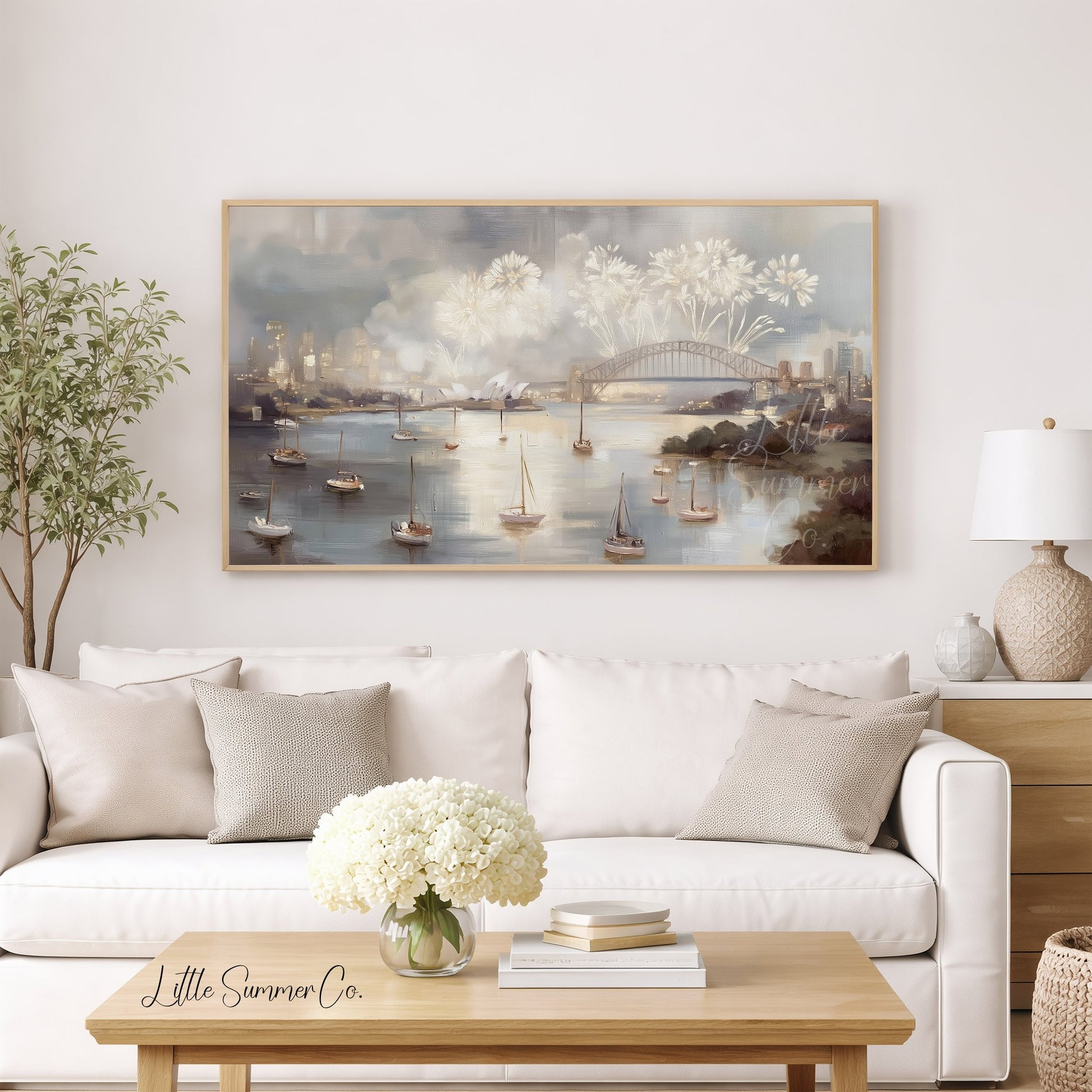 Sydney Harbour Fireworks Celebration Frame TV Art displayed on a TV
