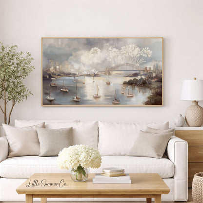 Sydney Harbour Fireworks Celebration Frame TV Art displayed on a TV
