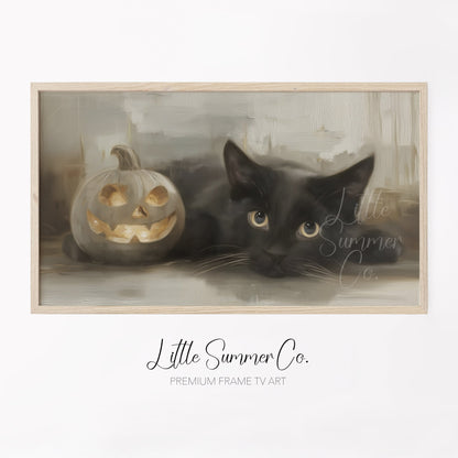 Black Cat Pumpkin Frame TV Art displayed on a TV