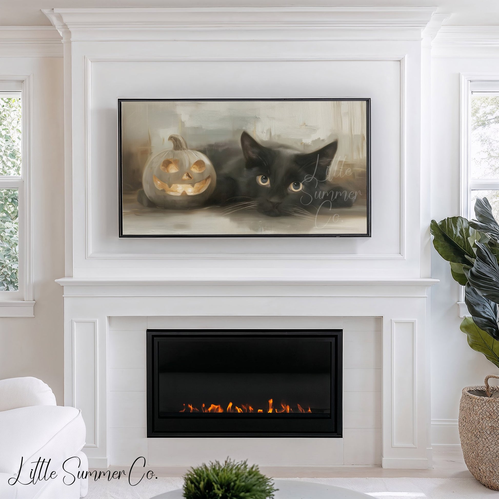 Black Cat Pumpkin Frame TV Art displayed on a TV