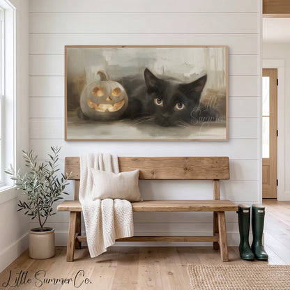 Black Cat Pumpkin Frame TV Art displayed on a TV