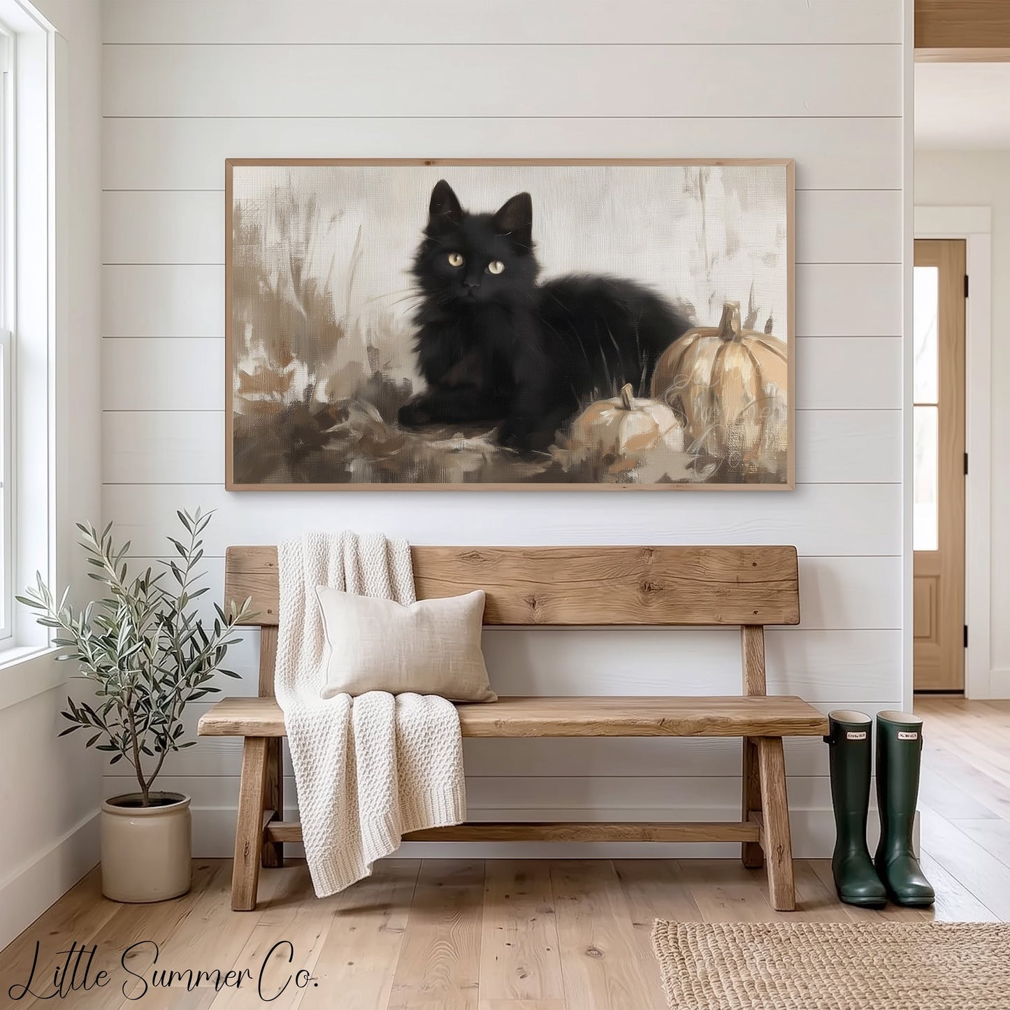 Black Cat Pumpkins Frame TV Art displayed on a TV