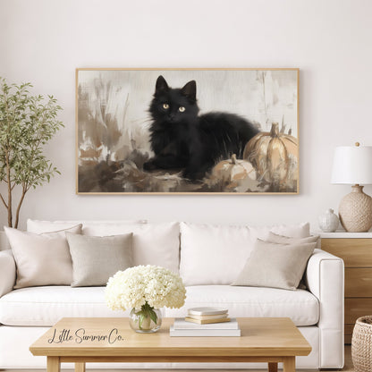 Black Cat Pumpkins Frame TV Art displayed on a TV
