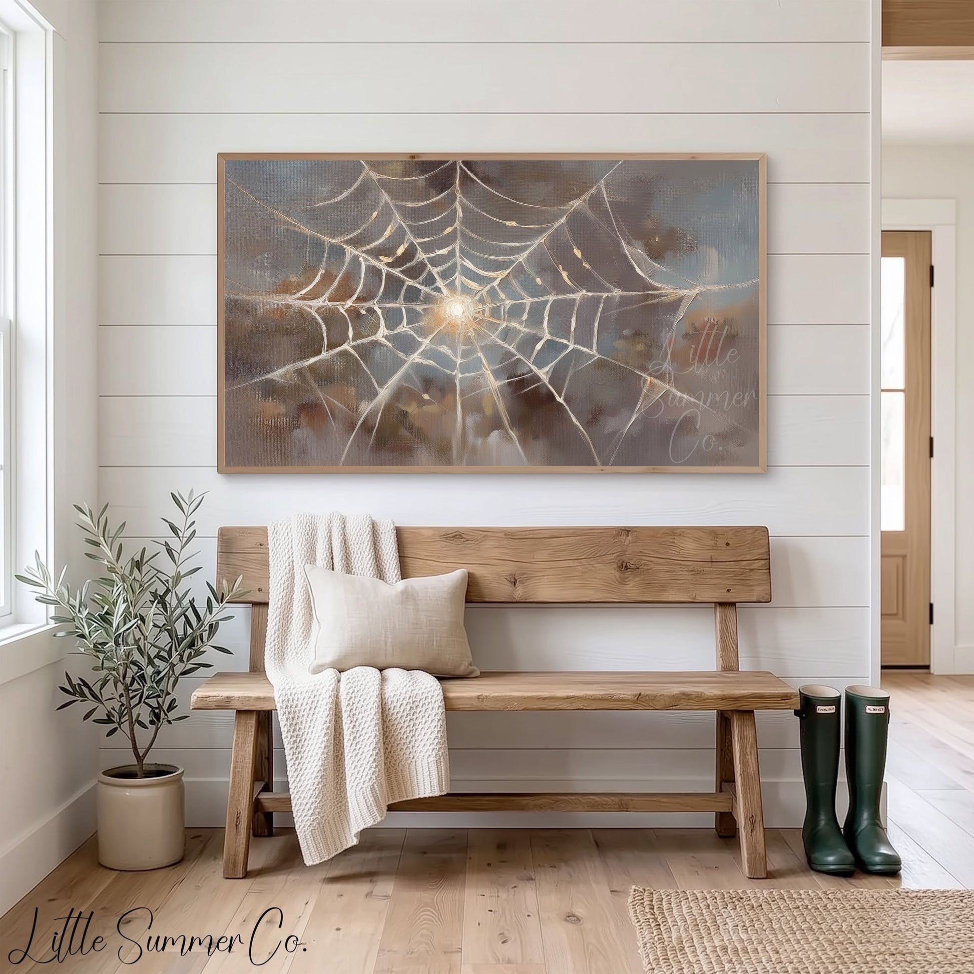 Sunlit Spider Web Frame TV Art displayed on a TV