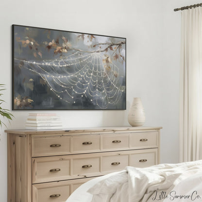 Autumn Spider Web Frame TV Art displayed on a TV