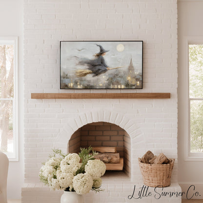 Witch On Broom Frame TV Art displayed on a TV