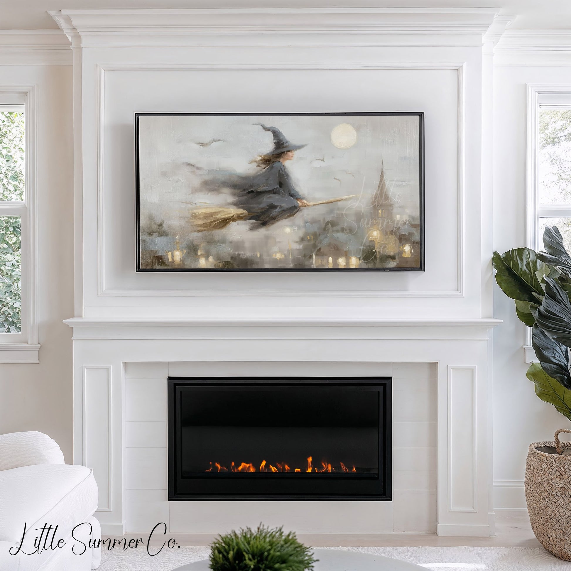 Witch On Broom Frame TV Art displayed on a TV