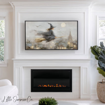 Witch On Broom Frame TV Art displayed on a TV