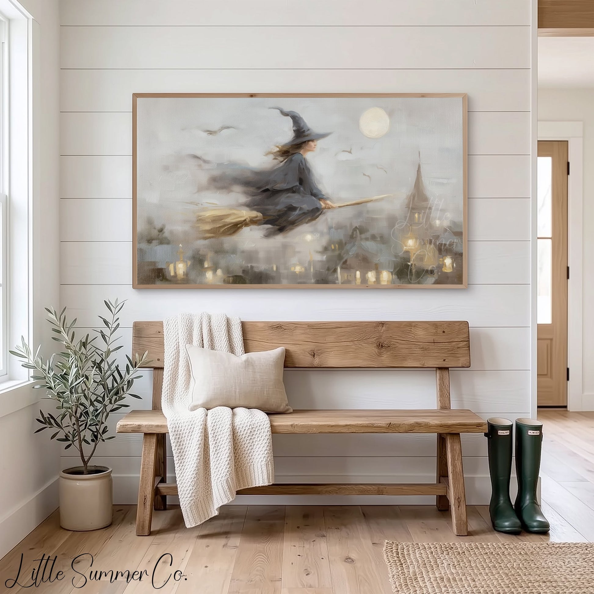 Witch On Broom Frame TV Art displayed on a TV