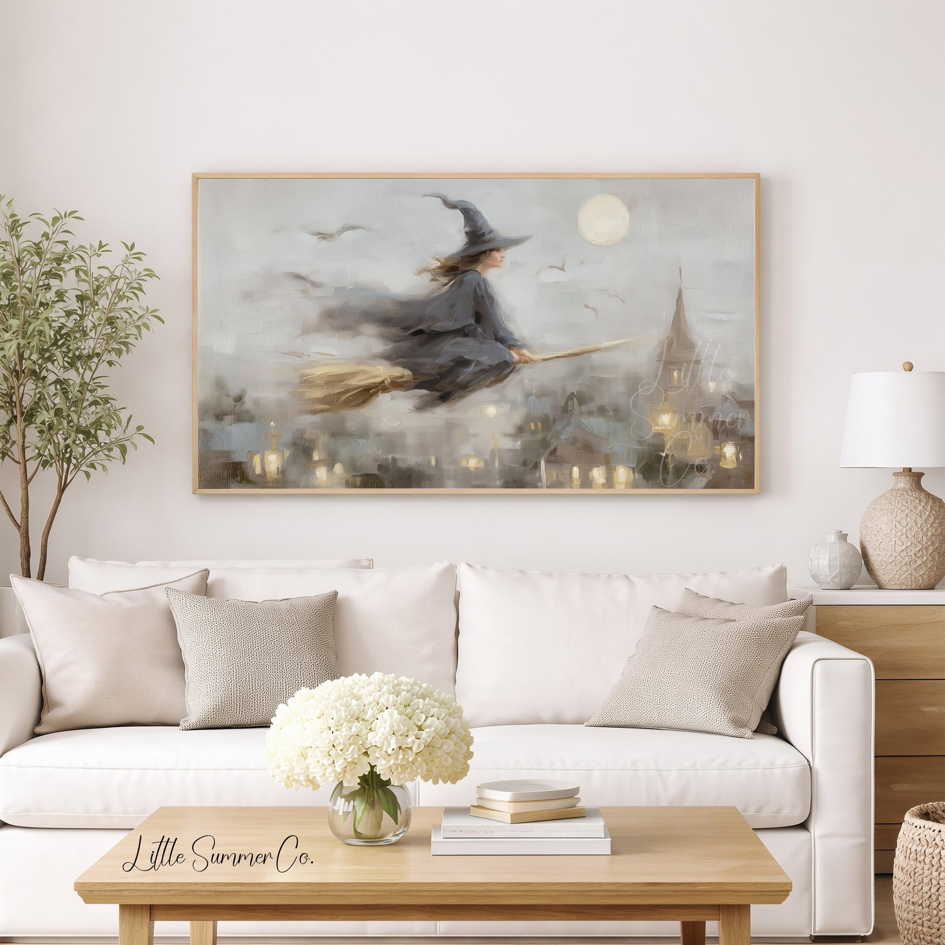 Witch On Broom Frame TV Art displayed on a TV