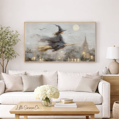 Witch On Broom Frame TV Art displayed on a TV