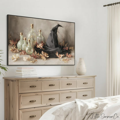 Witch Hat Potion Bottles Frame TV Art displayed on a TV