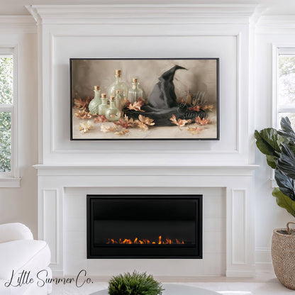 Witch Hat Potion Bottles Frame TV Art displayed on a TV