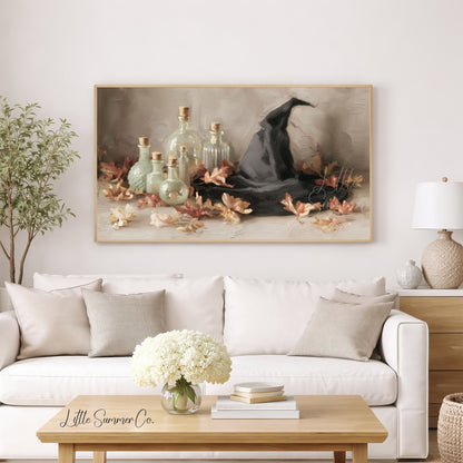 Witch Hat Potion Bottles Frame TV Art displayed on a TV