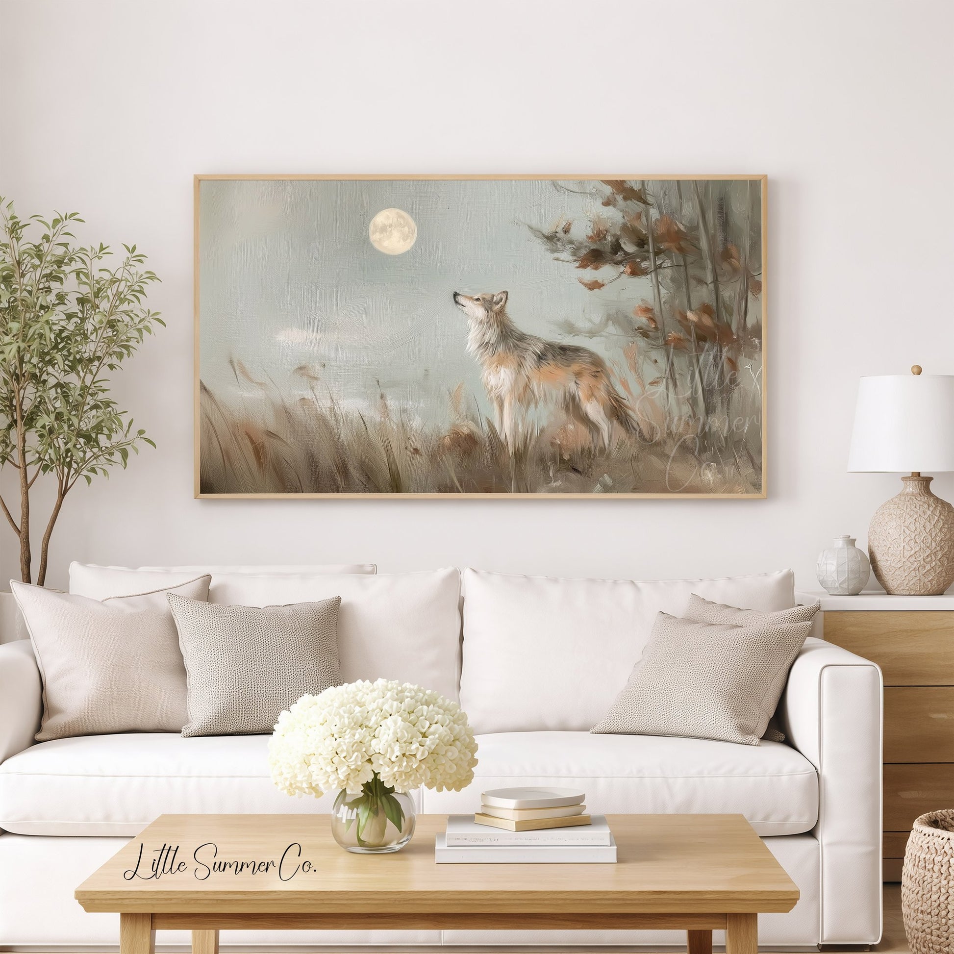 Wolf Under Moon Frame TV Art displayed on a TV