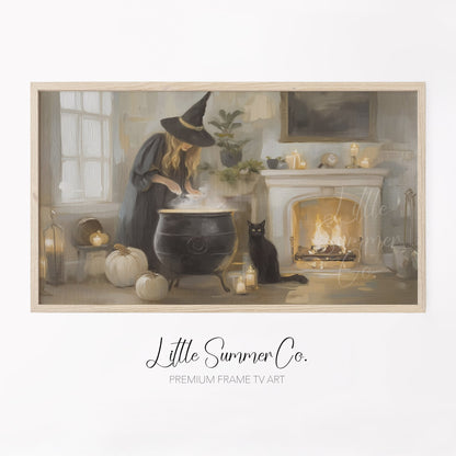 Witch Cauldron Cat Frame TV Art displayed on a TV