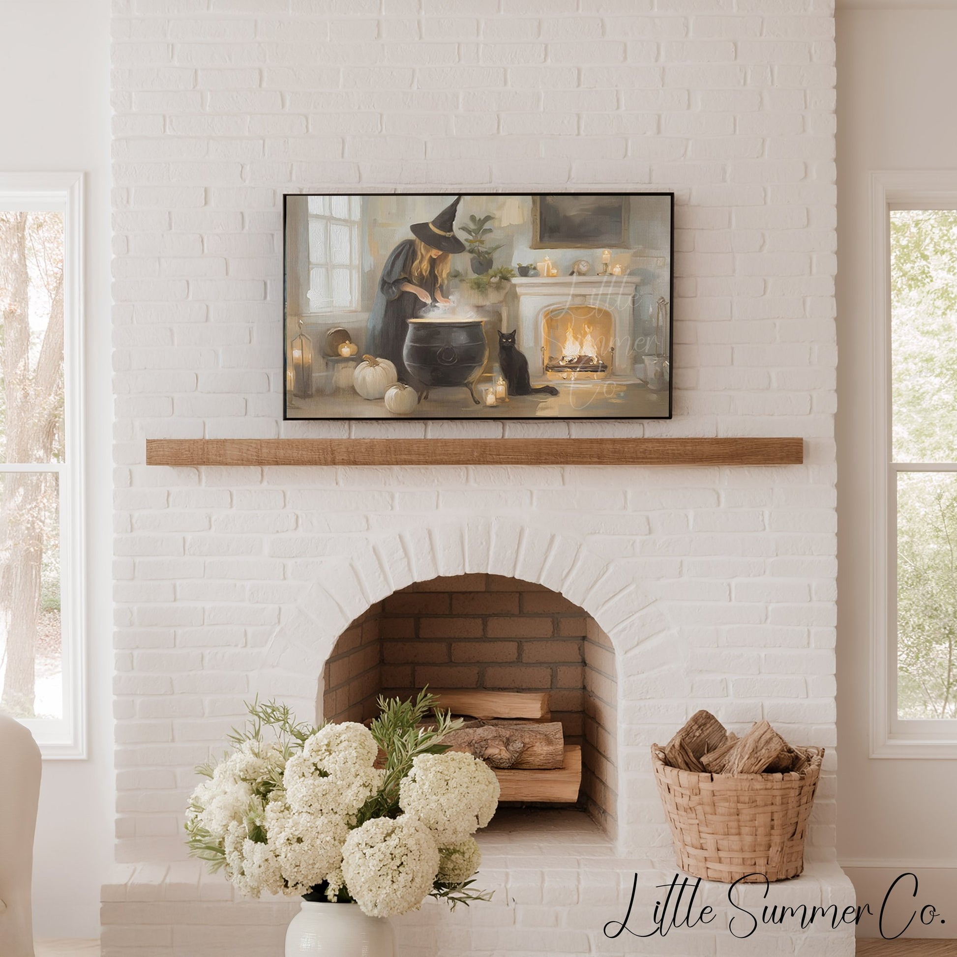 Witch Cauldron Cat Frame TV Art displayed on a TV