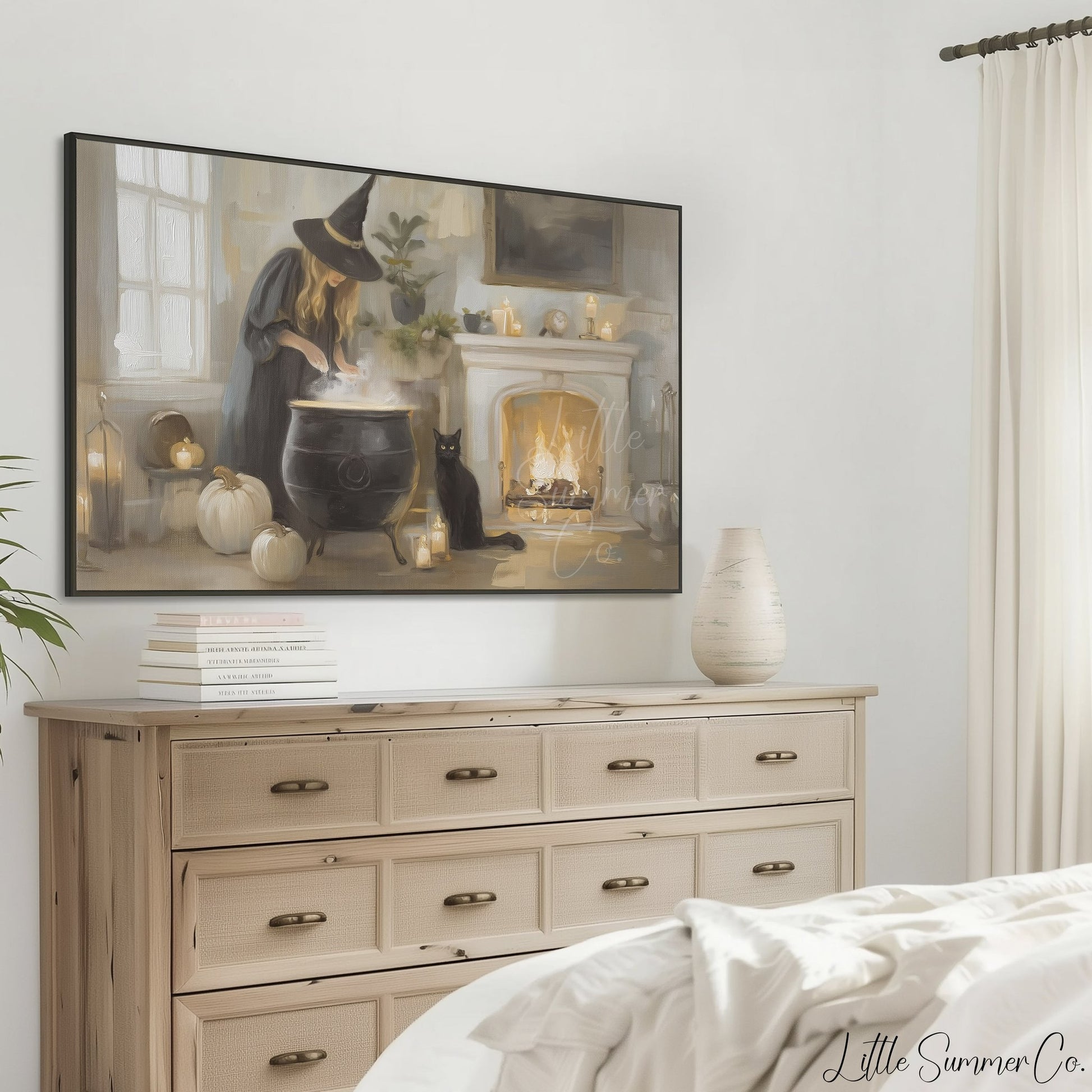 Witch Cauldron Cat Frame TV Art displayed on a TV