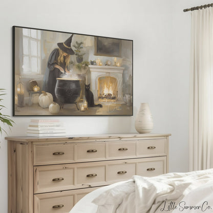 Witch Cauldron Cat Frame TV Art displayed on a TV