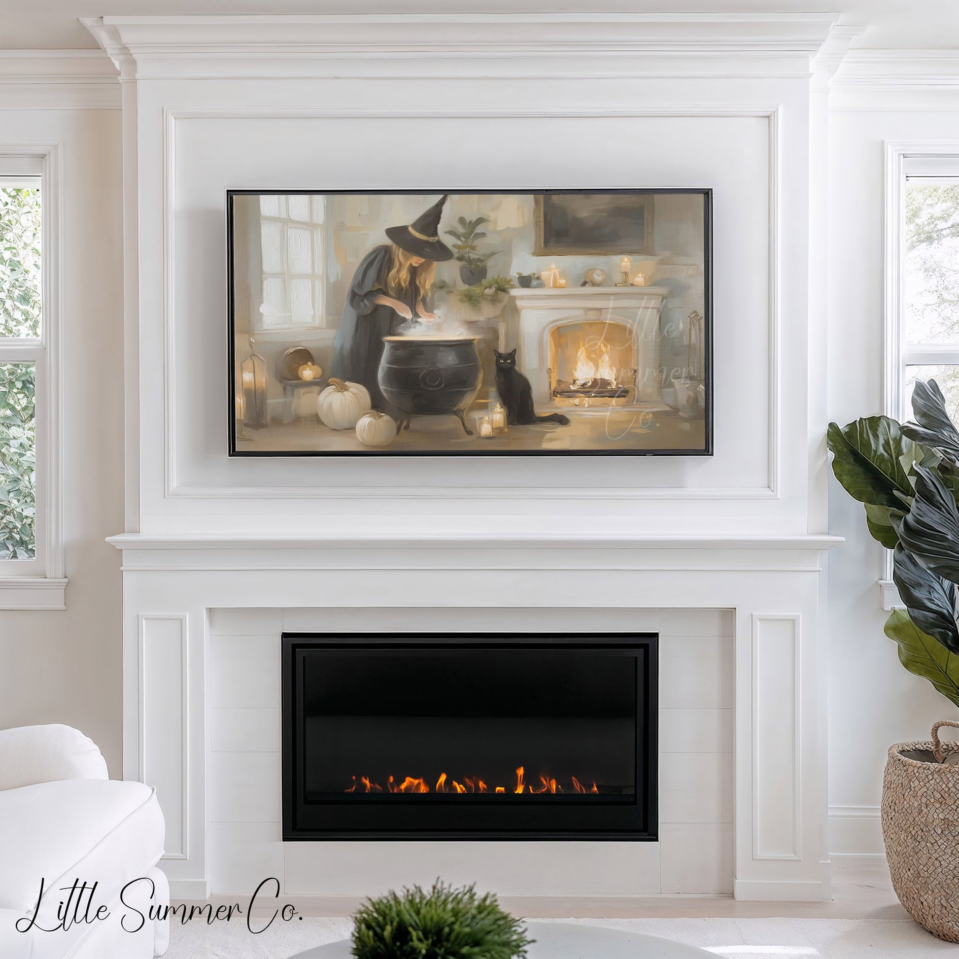 Witch Cauldron Cat Frame TV Art displayed on a TV