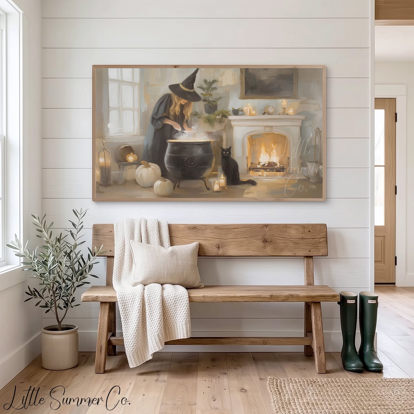 Witch Cauldron Cat Frame TV Art displayed on a TV
